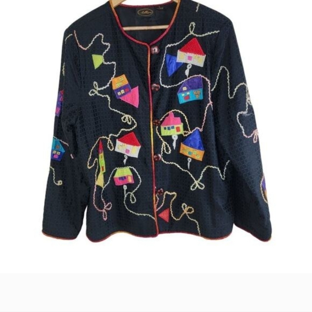 Julia Kim Allure Whimsical Black Quilted Blazer with Colorful House Appliqués